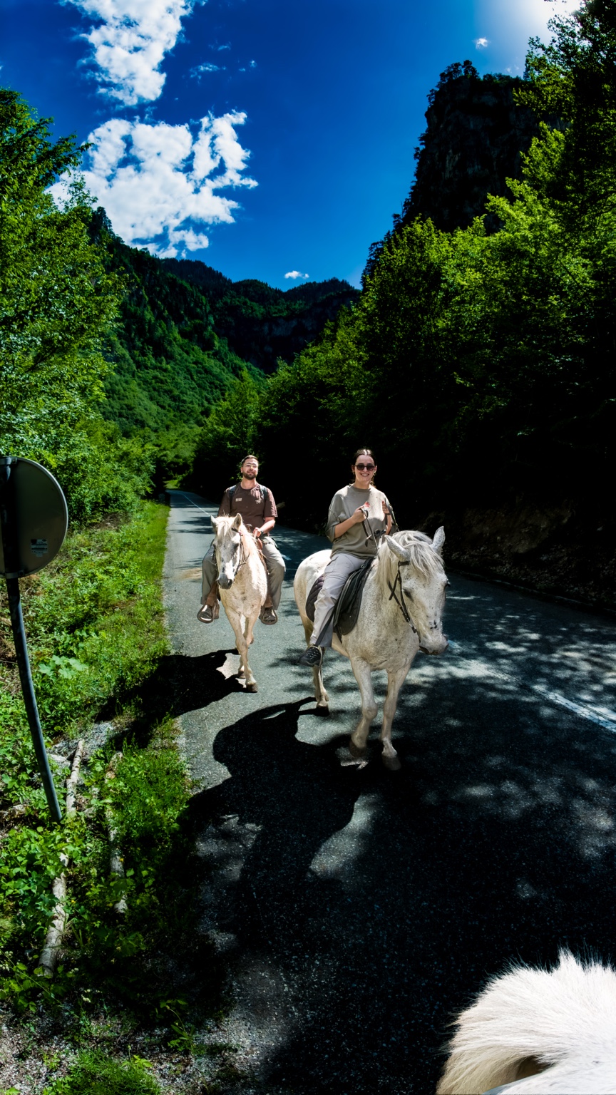 Horse riders on a mountain road
